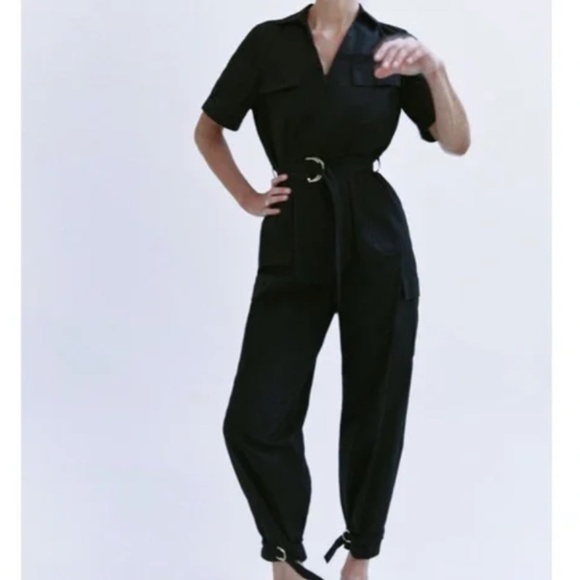 Zara Poplin Cargo Ankle Buckled Jumpsuit Black/Gold Size Small - Picture 1 of 8